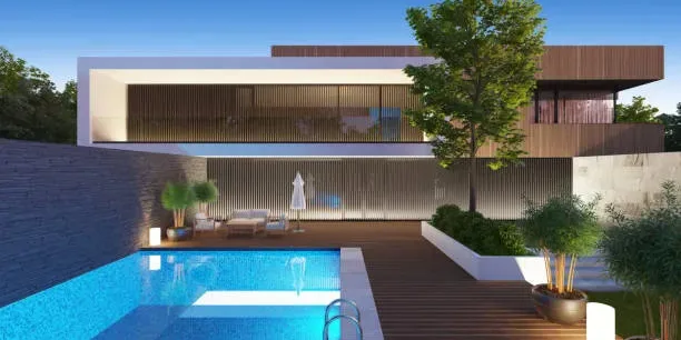 Modern villa with swimming pool. Architecture concept for Real estate.