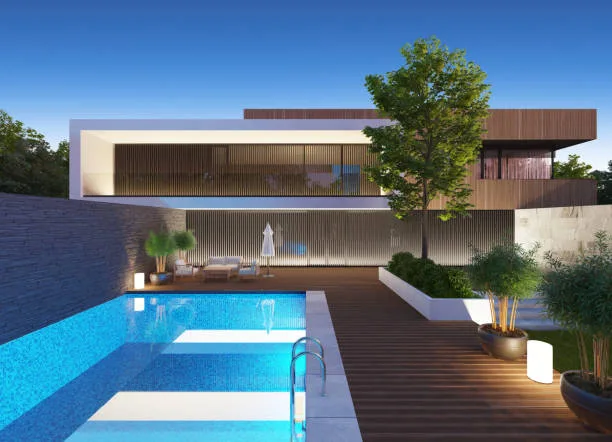 Modern villa with swimming pool. Architecture concept for Real estate.